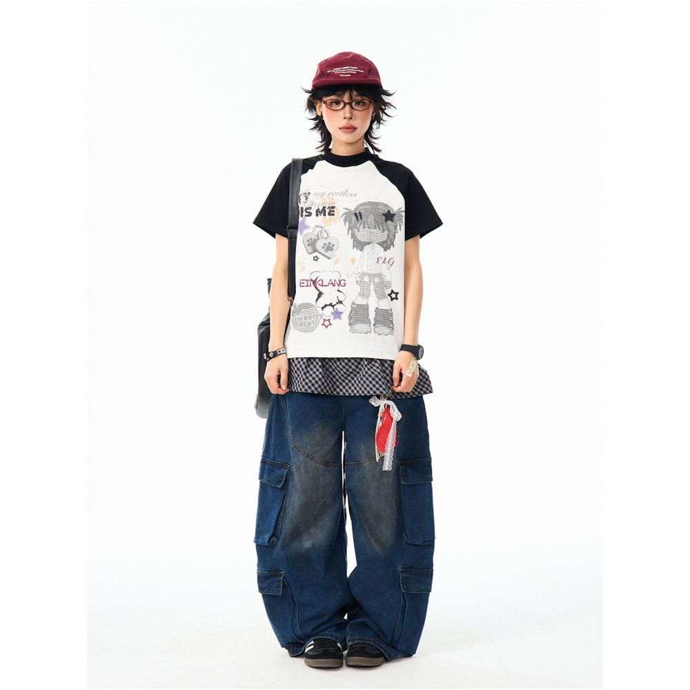 American retro short sleeved T shirt for women Y2K slim fit short top with creative cartoon contrasting color design image 3