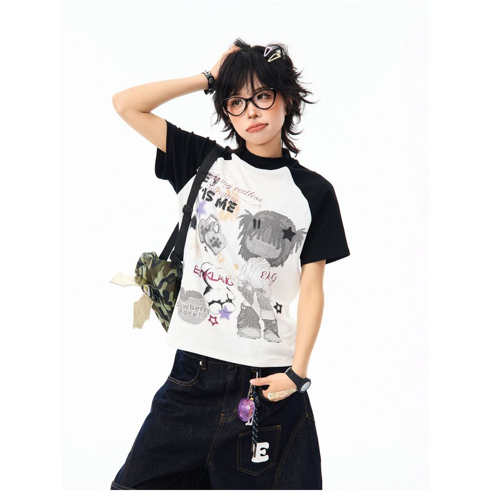 American retro short sleeved T shirt for women Y2K slim fit short top with creative cartoon contrasting color design image 4