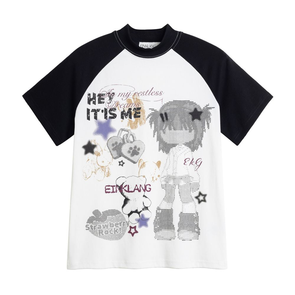 American retro short sleeved T shirt for women Y2K slim fit short top with creative cartoon contrasting color design