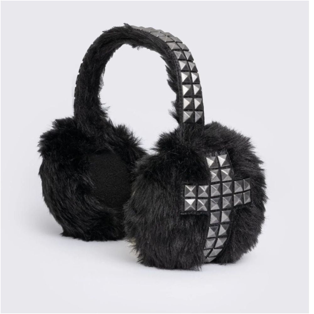 Punk black rivet plush winter personality niche subculture dark cross ear protectors keep warm image 0