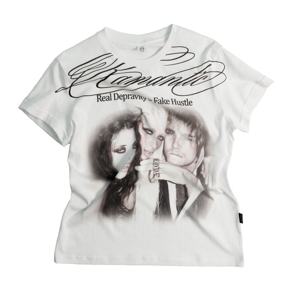 THEWET 2026SS Floral Calligraphy Portrait White Ink Letter Print Ultra Lightweight Slim Fit Short Sleeve Tee image 2