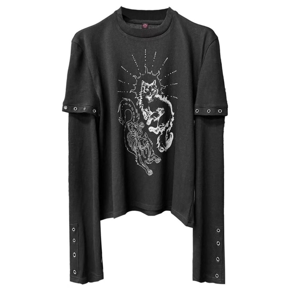 DETW Gemini Cat Fake Two Piece Micro Elastic Thin Shoulder Printed Metal Ornament Long Sleeve Men s and Women s Base Shirt image 1