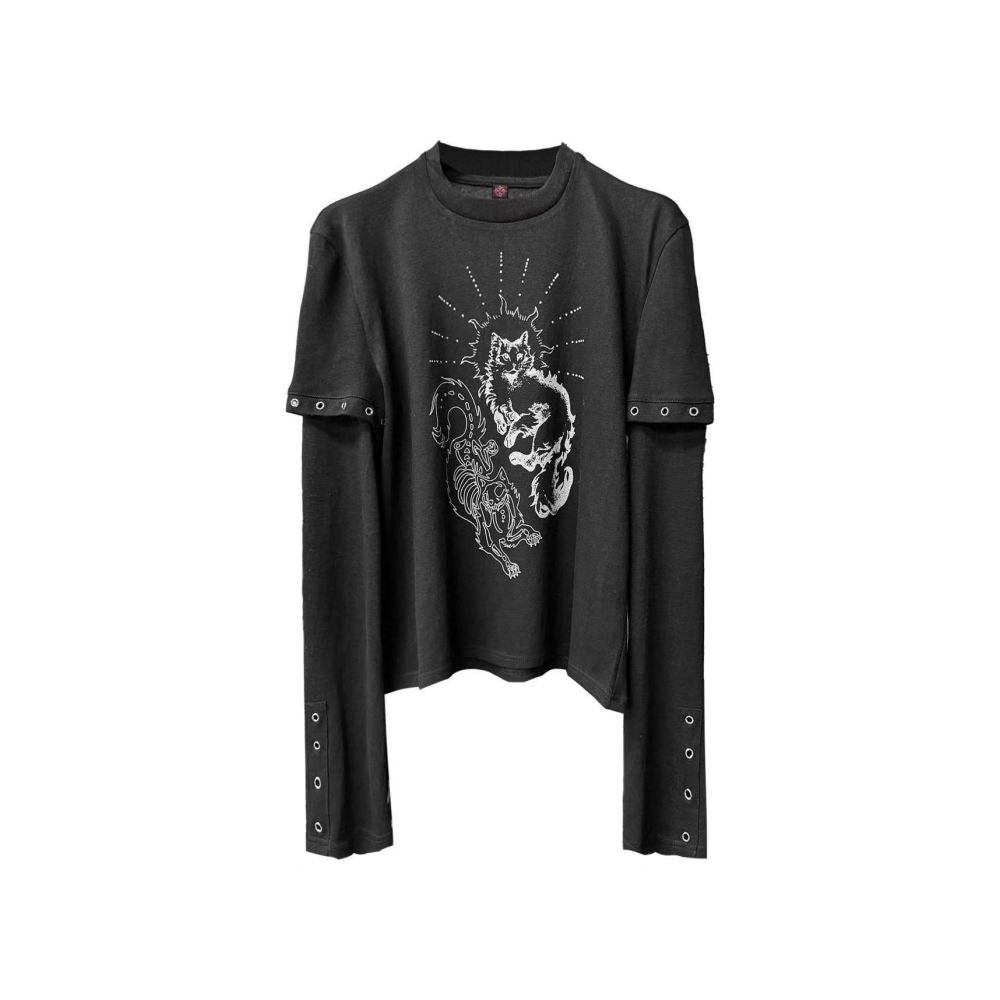DETW Gemini Cat Fake Two Piece Micro Elastic Thin Shoulder Printed Metal Ornament Long Sleeve Men s and Women s Base Shirt
