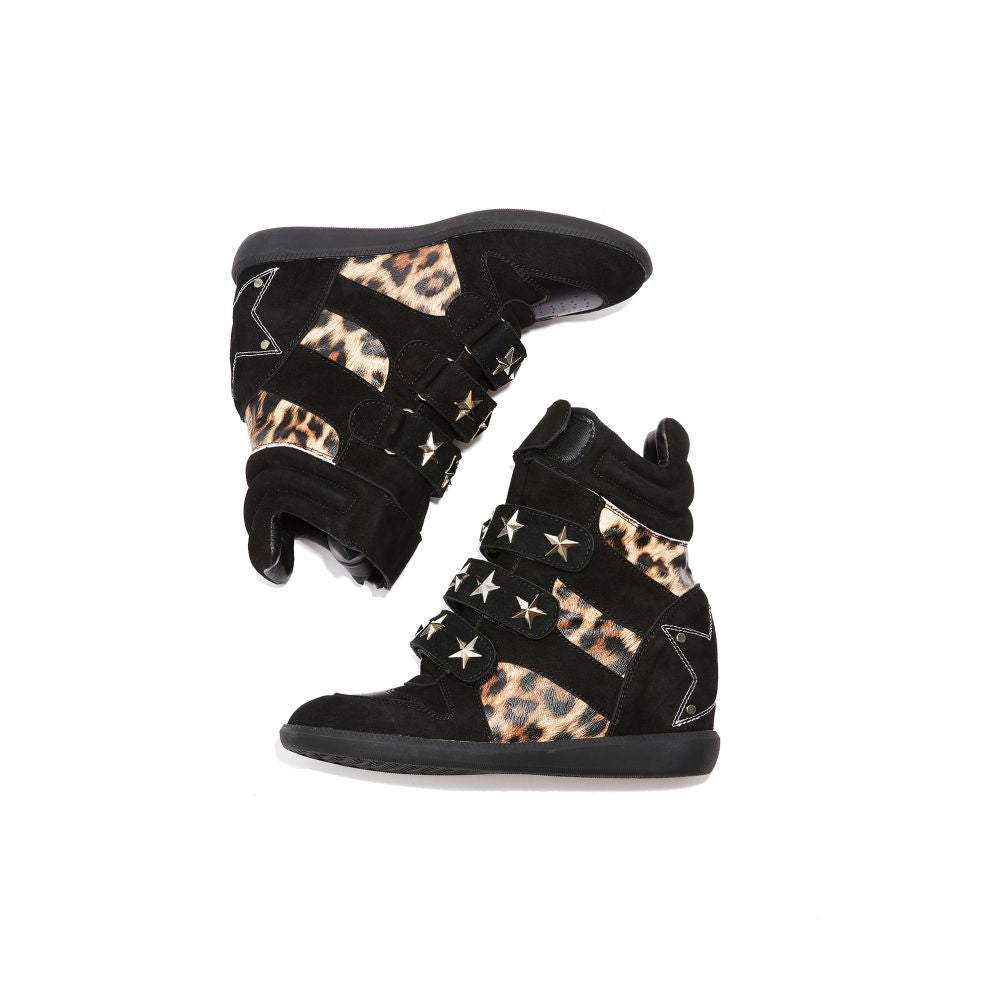 DETW Wilderness Leopard Shadow Retro Retro Retro Leopard Pattern Leather Rivet High Boost Thick Bottom Height Increase Slope Heel Men s and Women s Sports Shoes