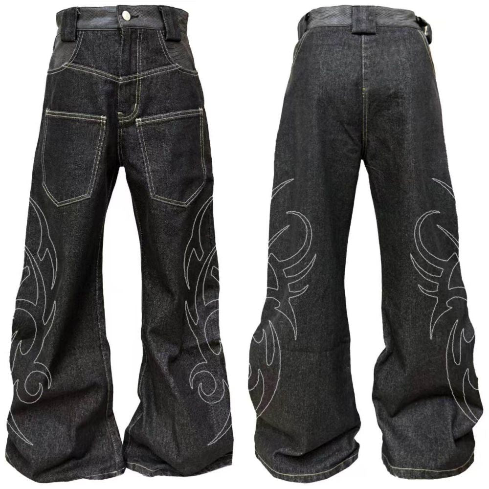 DETW 25ss Totem original niche scimitar original cow snake pattern embroidered wide leg commuting daily jeans