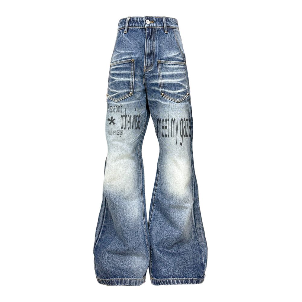 DETW 25AW original retro niche slogan washed blue cowhide cat whiskers micro pull rivets versatile jeans for men and women image 0
