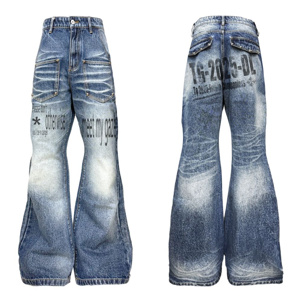 DETW 25AW original retro niche slogan washed blue cowhide cat whiskers micro pull rivets versatile jeans for men and women