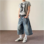 MKCLOT American retro lightning pattern lazy and relaxed seven quarter jeans straight leg loose summer shorts for men and women image 1
