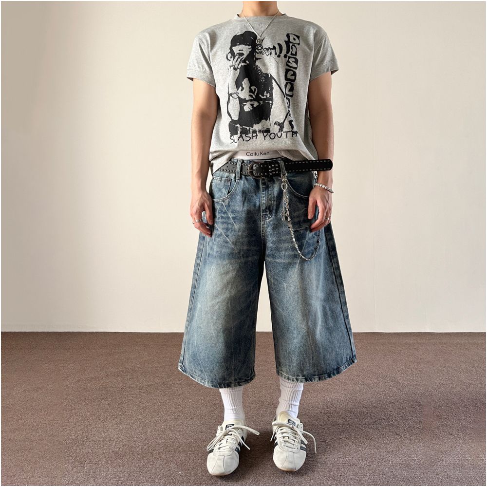 MKCLOT American retro lightning pattern lazy and relaxed seven quarter jeans straight leg loose summer shorts for men and women image 2