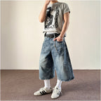 MKCLOT American retro lightning pattern lazy and relaxed seven quarter jeans straight leg loose summer shorts for men and women image 3