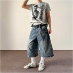 MKCLOT American retro lightning pattern lazy and relaxed seven quarter jeans straight leg loose summer shorts for men and women image 4