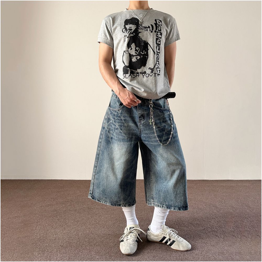 MKCLOT American retro lightning pattern lazy and relaxed seven quarter jeans straight leg loose summer shorts for men and women image 5