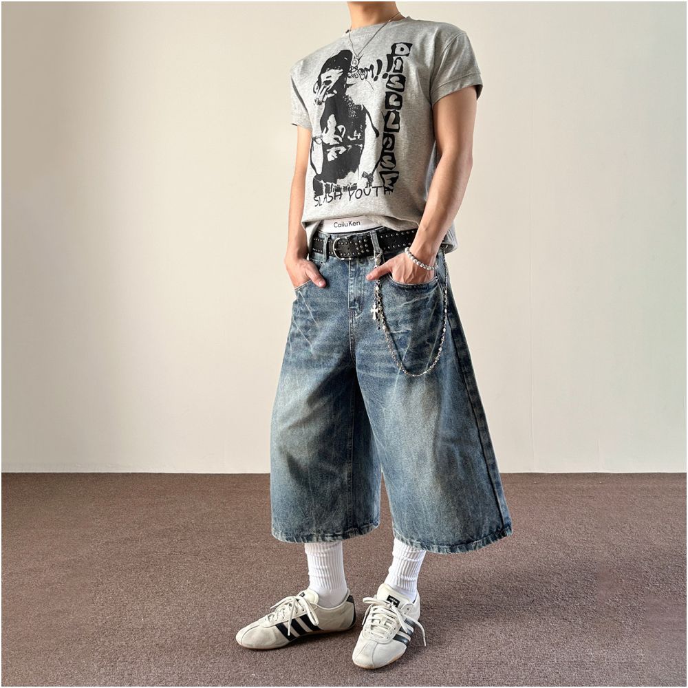 MKCLOT American retro lightning pattern lazy and relaxed seven quarter jeans straight leg loose summer shorts for men and women image 0