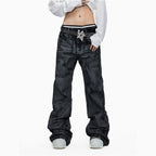 Lightinus hand brushed wax coated micro brushed washed denim jeans with stacked design loose casual pants