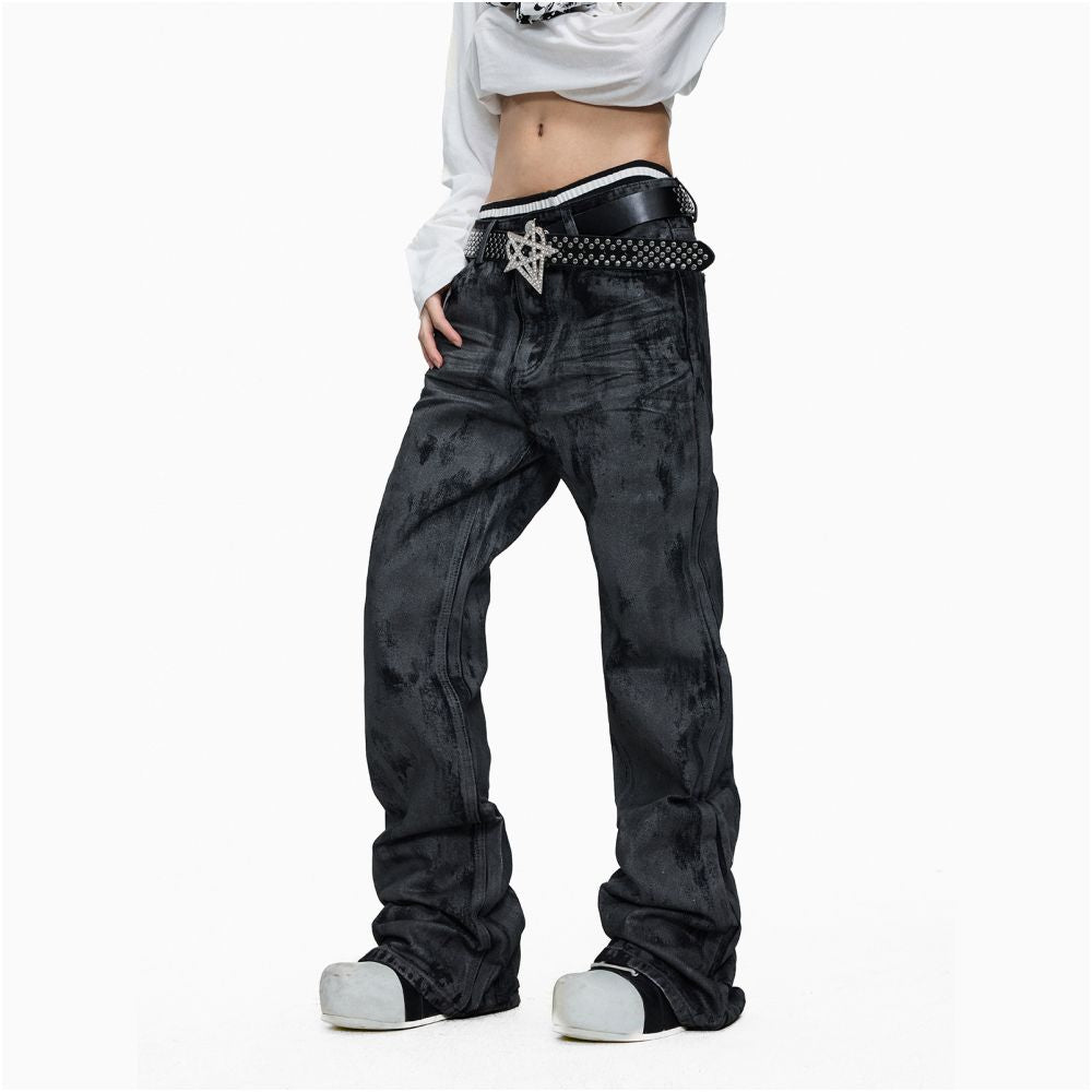 Lightinus hand brushed wax coated micro brushed washed denim jeans with stacked design loose casual pants image 2