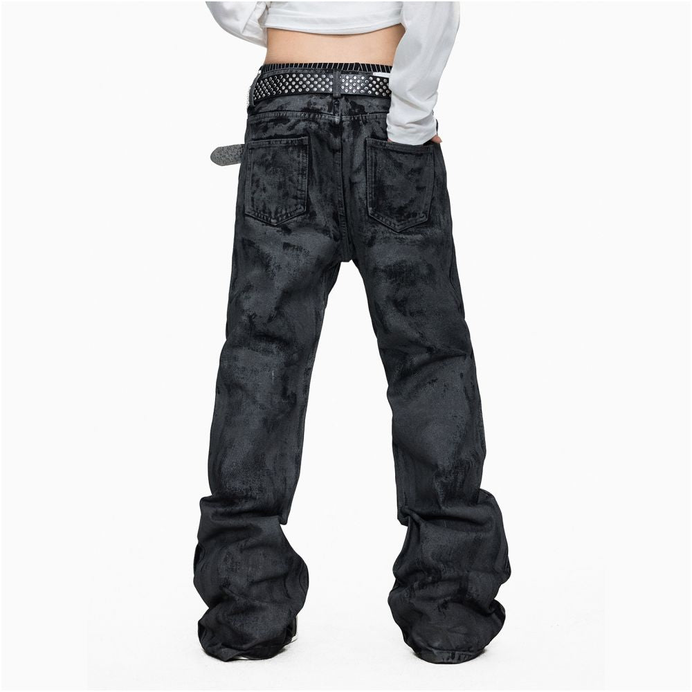 Lightinus hand brushed wax coated micro brushed washed denim jeans with stacked design loose casual pants image 3