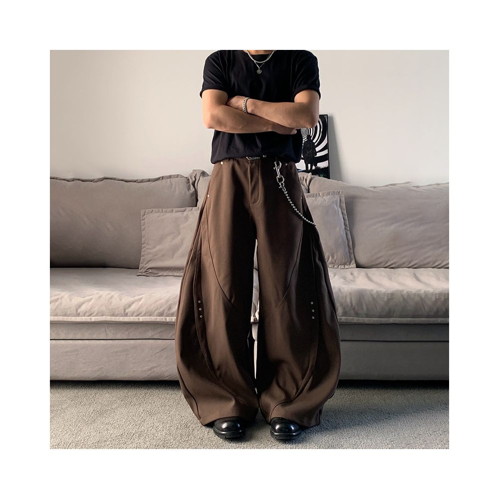 MKCLOT American Cleanfit Brown Spliced Rivet Bending Knife Western Pants for Men Baggy Loose Wide Leg Pants image 1