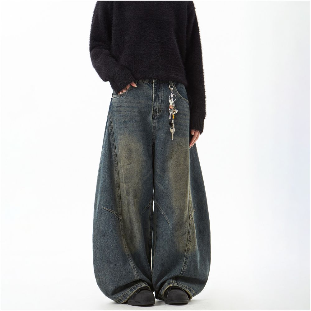 Woostop American retro vintage curved knife jeans for men loose lazy wide legged niche baggy sickle pants image 2