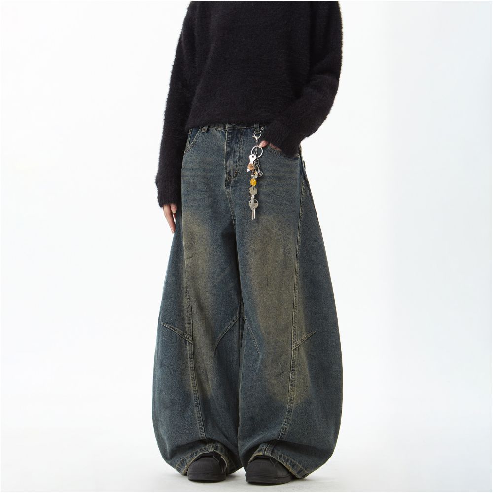 Woostop American retro vintage curved knife jeans for men loose lazy wide legged niche baggy sickle pants image 3