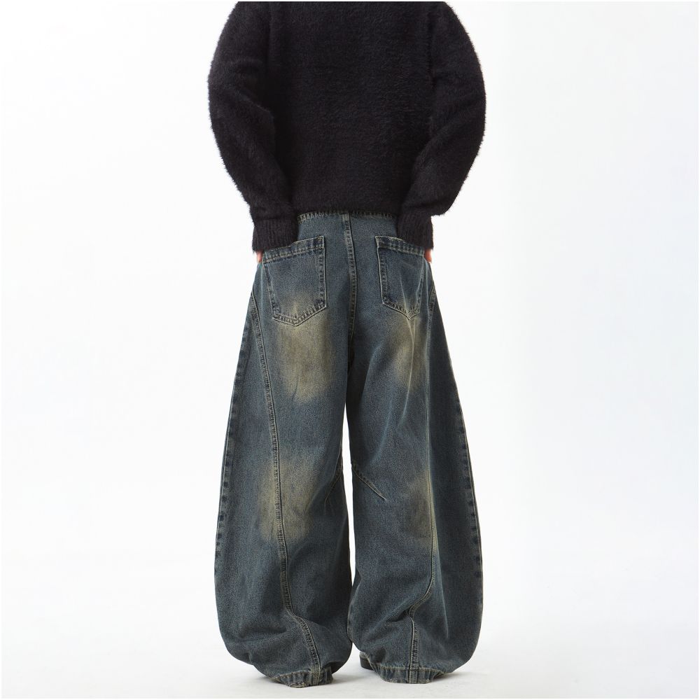 Woostop American retro vintage curved knife jeans for men loose lazy wide legged niche baggy sickle pants image 4