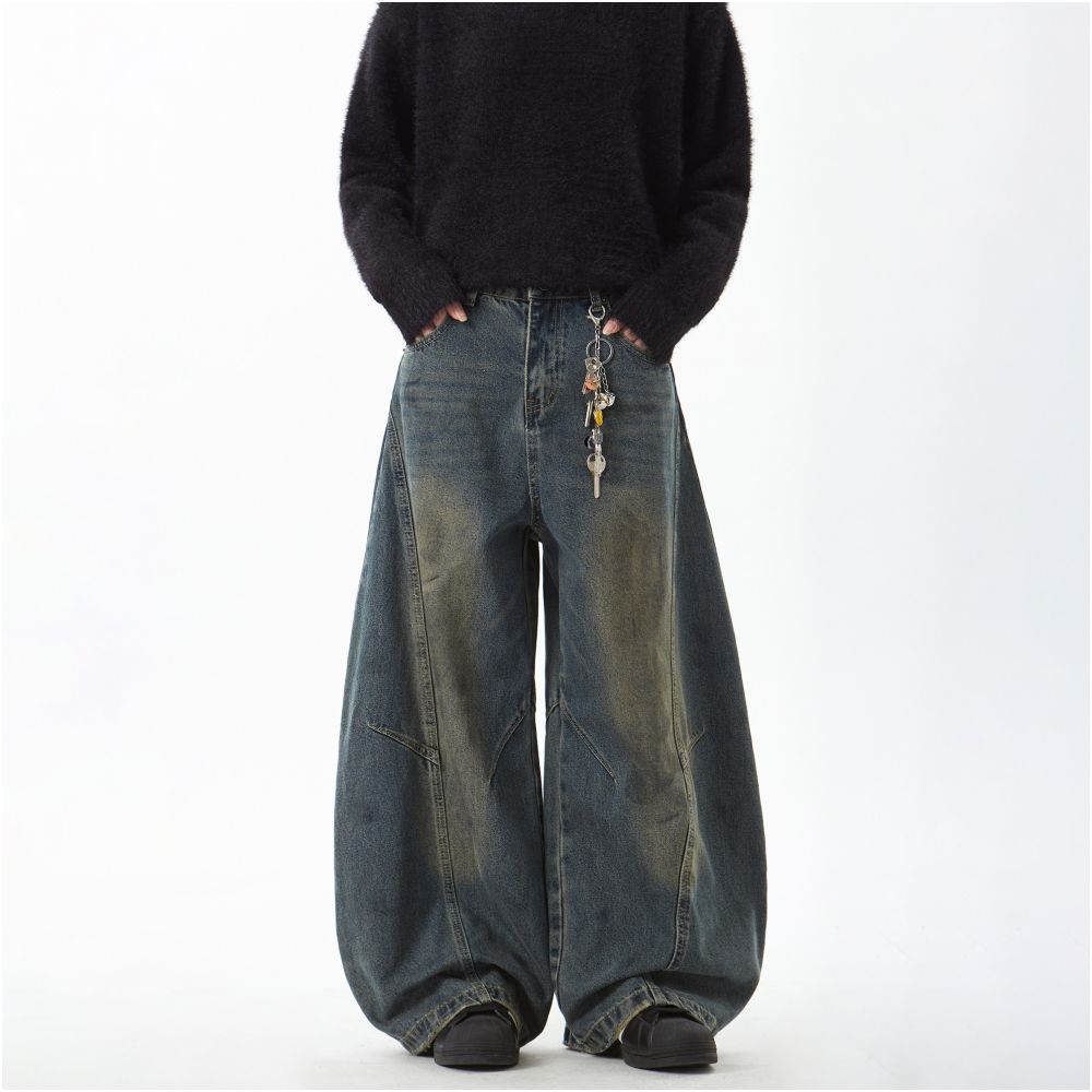 Woostop American retro vintage curved knife jeans for men loose lazy wide legged niche baggy sickle pants image 0