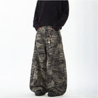 Woostop American retro camouflage curved knife jeans for men and women loose straight leg sickle shaped wide leg pants workwear pants image 2