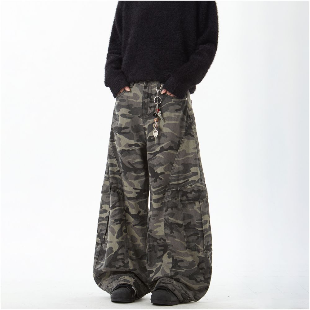 Woostop American retro camouflage curved knife jeans for men and women loose straight leg sickle shaped wide leg pants workwear pants image 2