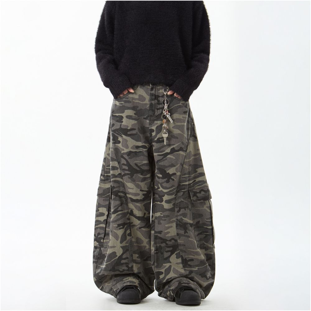 Woostop American retro camouflage curved knife jeans for men and women loose straight leg sickle shaped wide leg pants workwear pants image 3