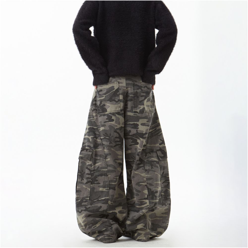 Woostop American retro camouflage curved knife jeans for men and women loose straight leg sickle shaped wide leg pants workwear pants image 4