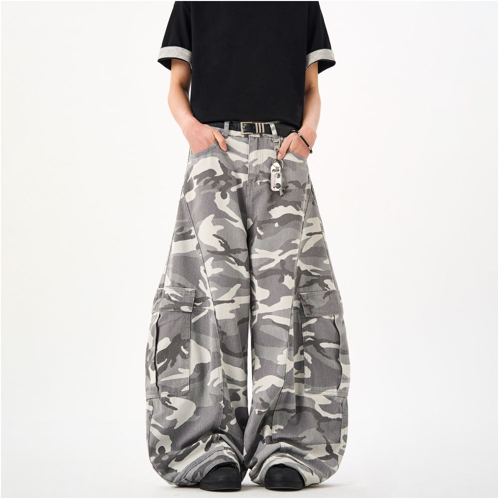 Woostop American retro camouflage curved knife jeans for men and women loose straight leg sickle shaped wide leg pants workwear pants