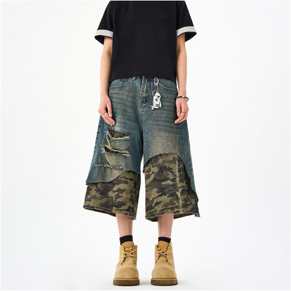 Woostop American retro patchwork camouflage seven quarter jeans for men a niche trendy brand explosive street hooligan handsome high street shorts image 2