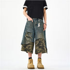 Woostop American retro patchwork camouflage seven quarter jeans for men a niche trendy brand explosive street hooligan handsome high street shorts image 3