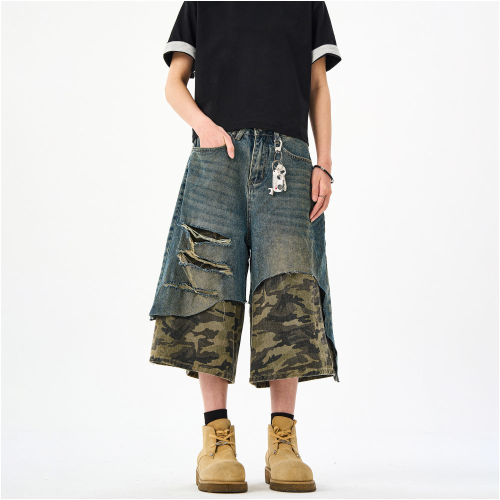 Woostop American retro patchwork camouflage seven quarter jeans for men a niche trendy brand explosive street hooligan handsome high street shorts image 3
