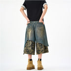 Woostop American retro patchwork camouflage seven quarter jeans for men a niche trendy brand explosive street hooligan handsome high street shorts image 4