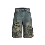 Woostop American retro patchwork camouflage seven quarter jeans for men a niche trendy brand explosive street hooligan handsome high street shorts image 5