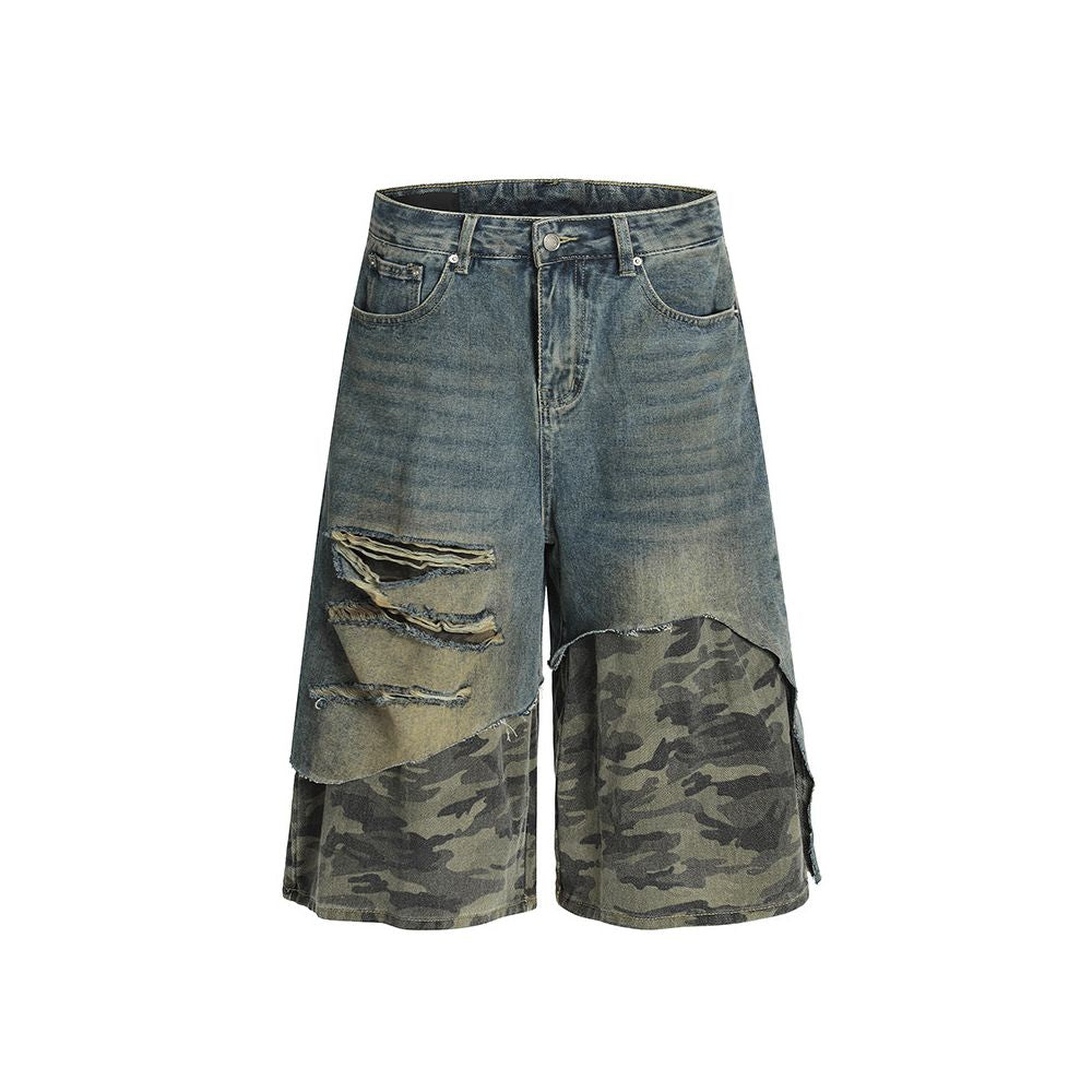 Woostop American retro patchwork camouflage seven quarter jeans for men a niche trendy brand explosive street hooligan handsome high street shorts image 5