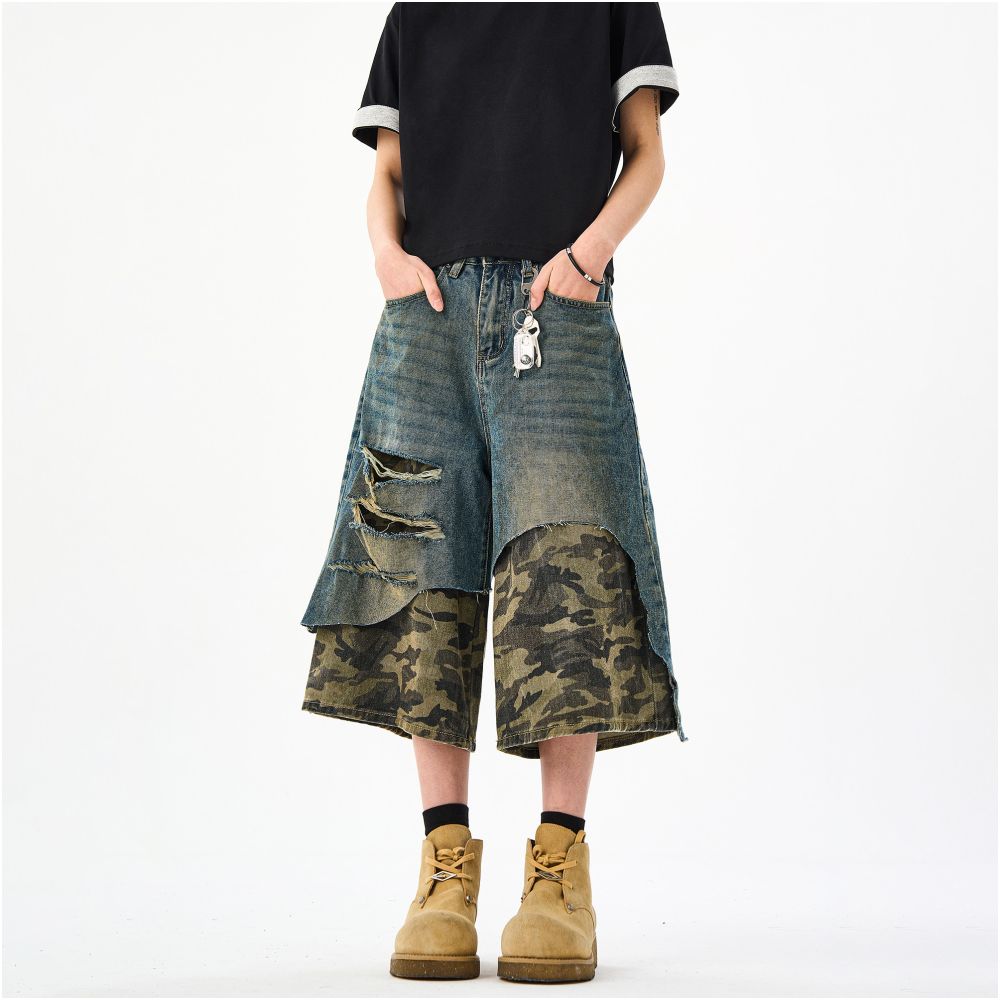 Woostop American retro patchwork camouflage seven quarter jeans for men a niche trendy brand explosive street hooligan handsome high street shorts image 0
