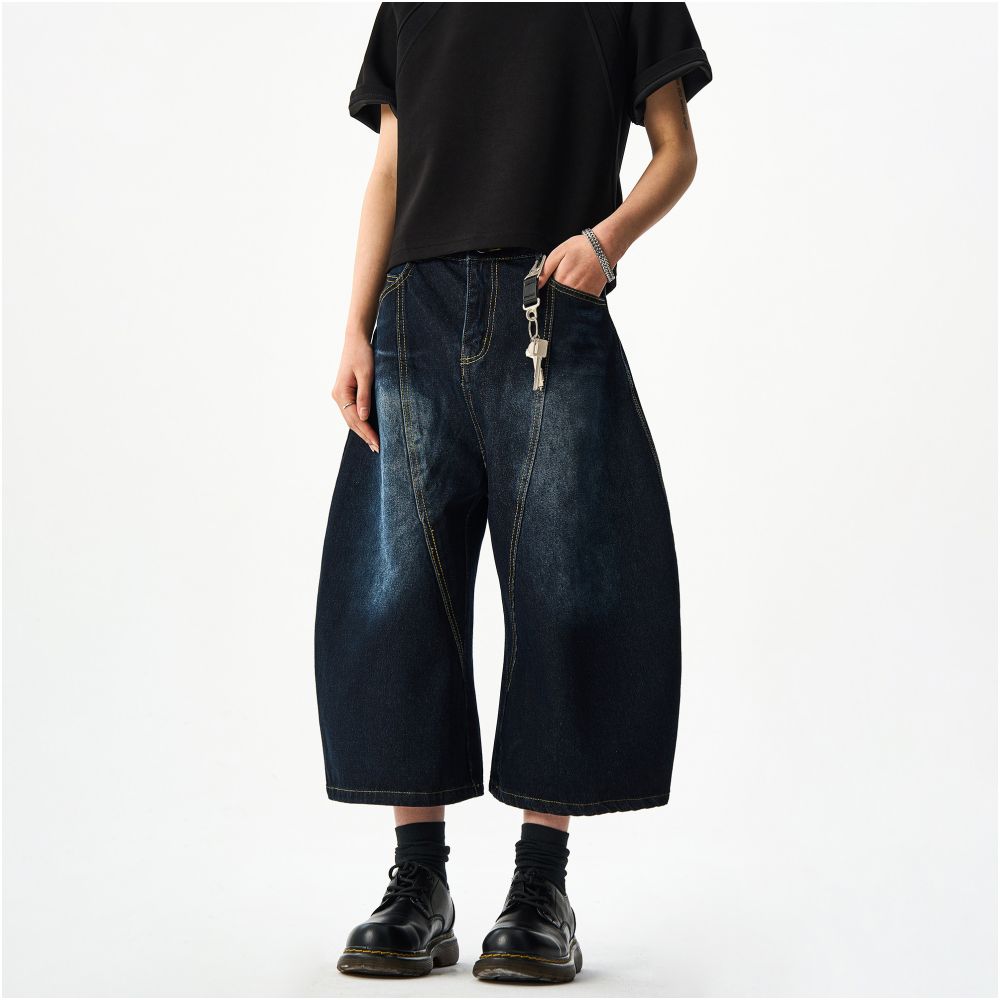 Woostop American Retro Embroidered Cowboy Shorts for Men and Women Loose Wide Legs Curved Knives Baggy Pants Trendy image 2