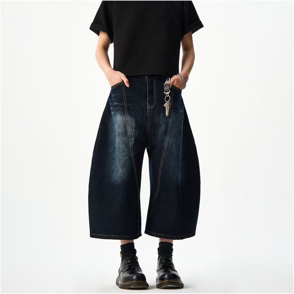 Woostop American Retro Embroidered Cowboy Shorts for Men and Women Loose Wide Legs Curved Knives Baggy Pants Trendy image 3