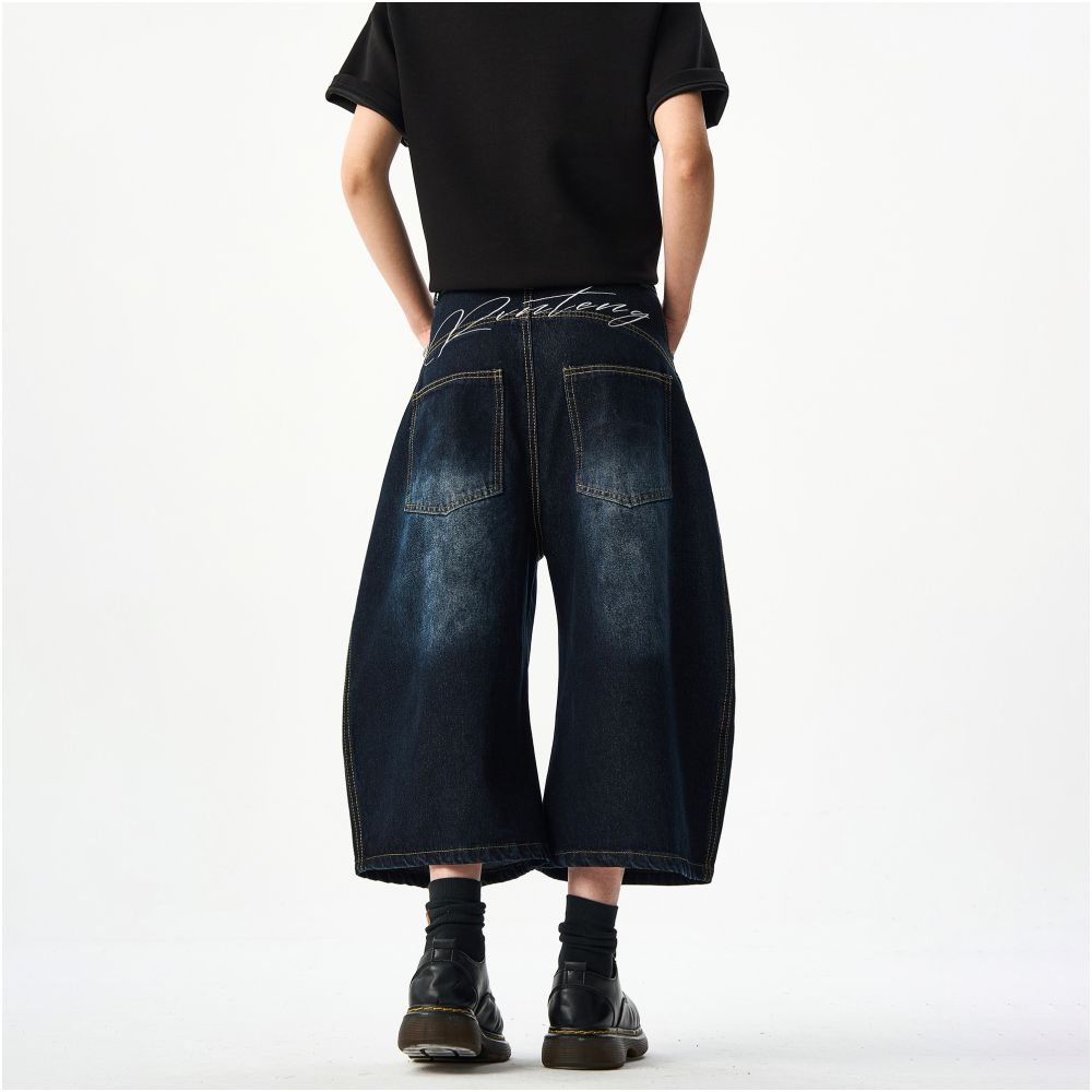 Woostop American Retro Embroidered Cowboy Shorts for Men and Women Loose Wide Legs Curved Knives Baggy Pants Trendy image 4