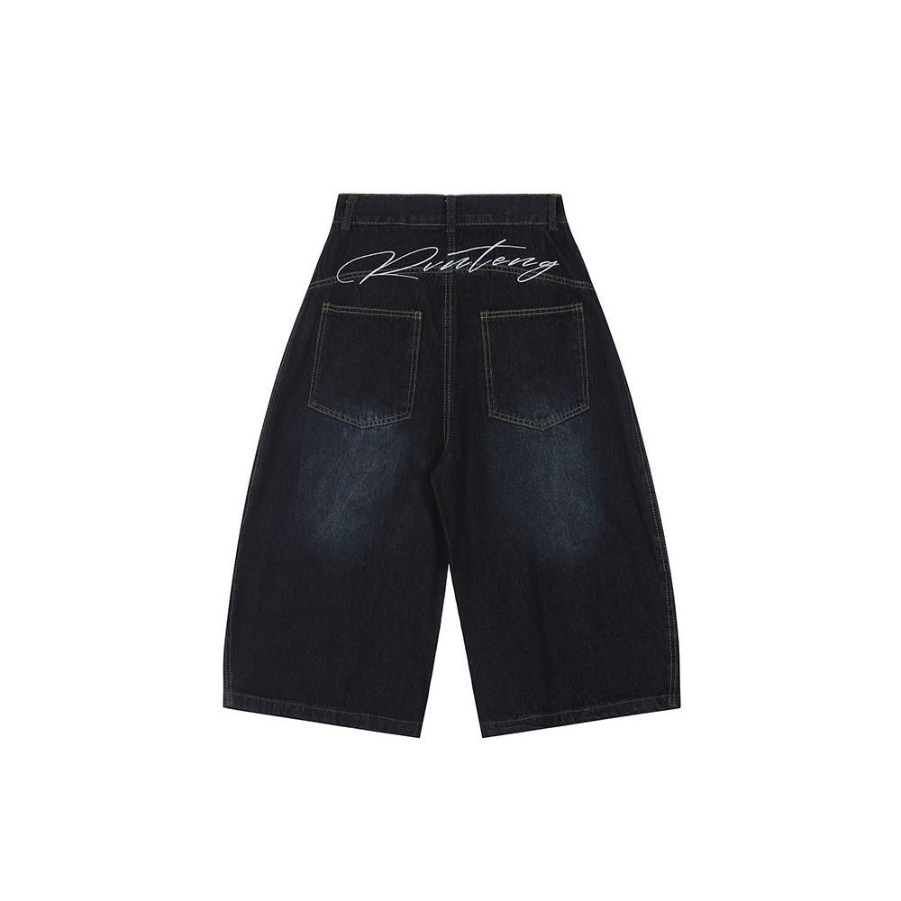 Woostop American Retro Embroidered Cowboy Shorts for Men and Women Loose Wide Legs Curved Knives Baggy Pants Trendy image 5