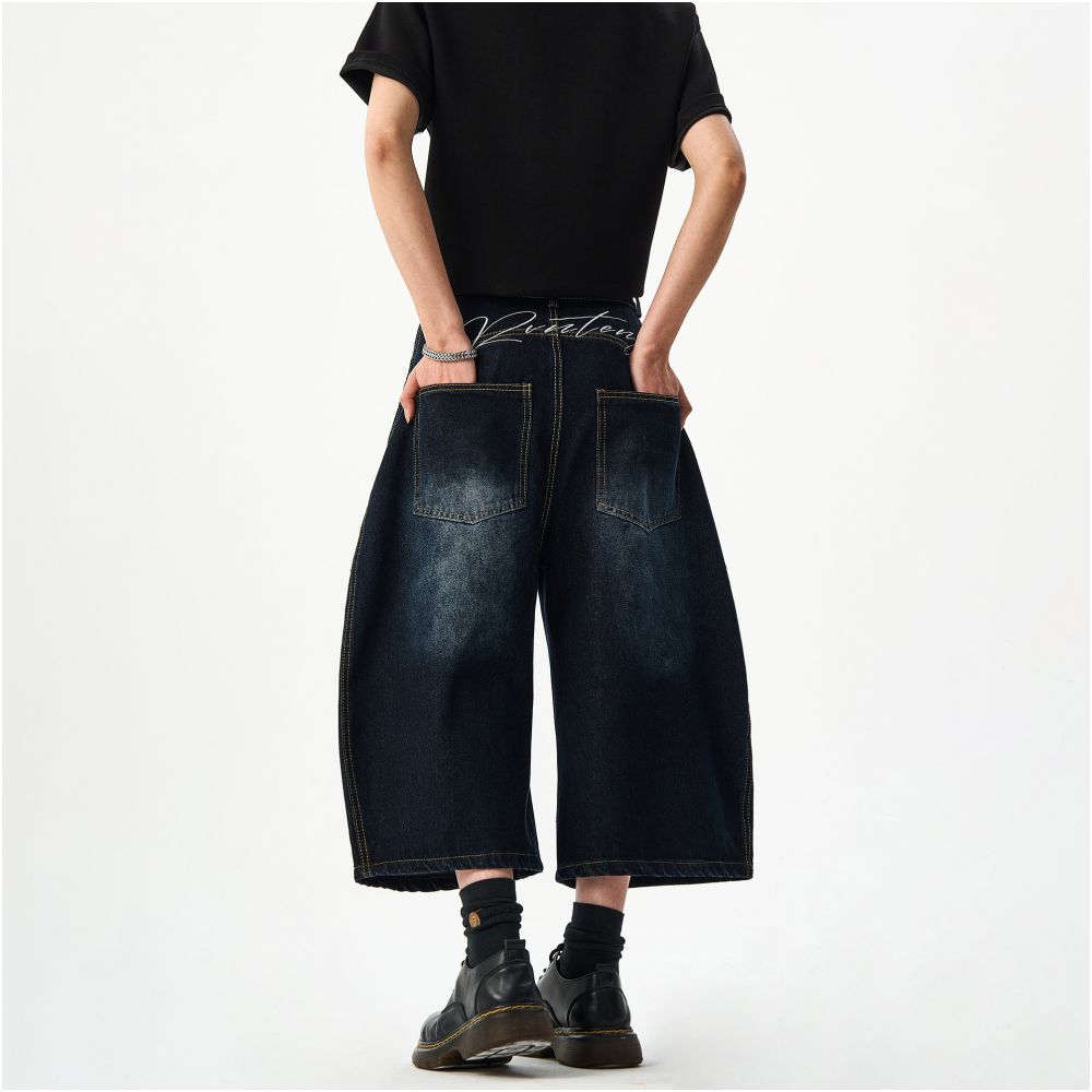 Woostop American Retro Embroidered Cowboy Shorts for Men and Women Loose Wide Legs Curved Knives Baggy Pants Trendy