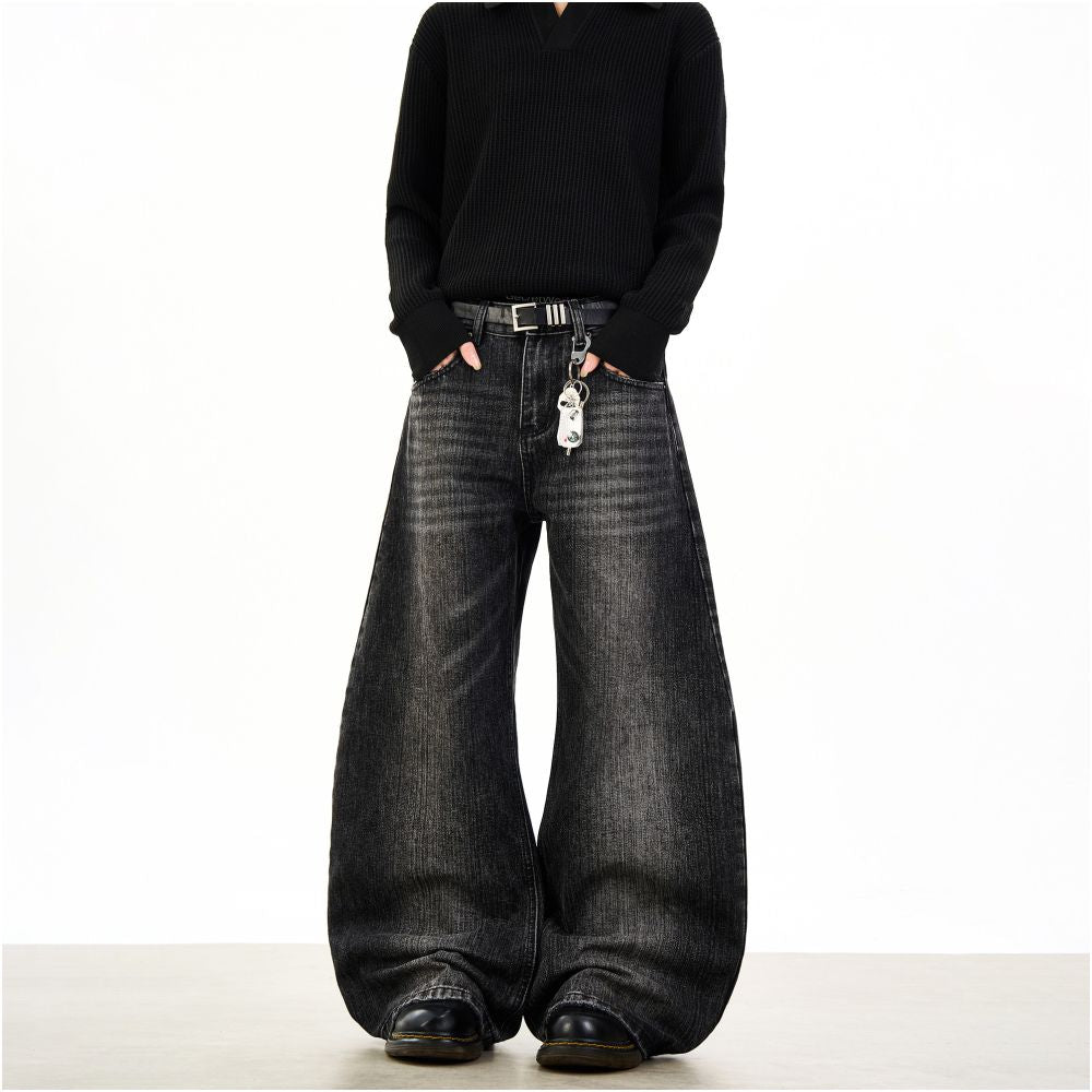 Woostop retro bamboo striped black curved knife jeans for men and women loose American wide leg baggy pants image 2