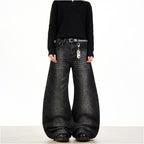 Woostop retro bamboo striped black curved knife jeans for men and women loose American wide leg baggy pants image 3