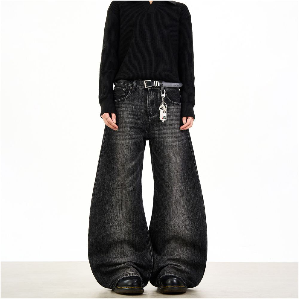 Woostop retro bamboo striped black curved knife jeans for men and women loose American wide leg baggy pants image 3