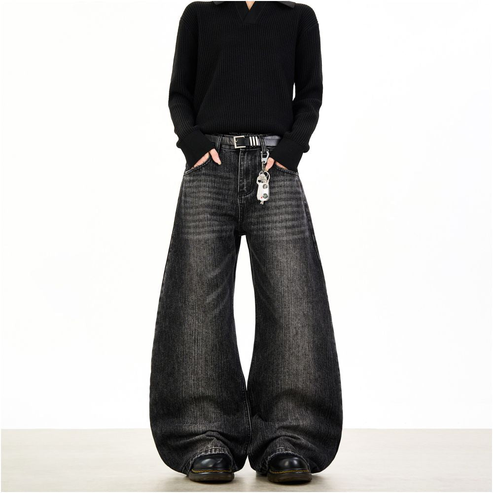 Woostop retro bamboo striped black curved knife jeans for men and women loose American wide leg baggy pants