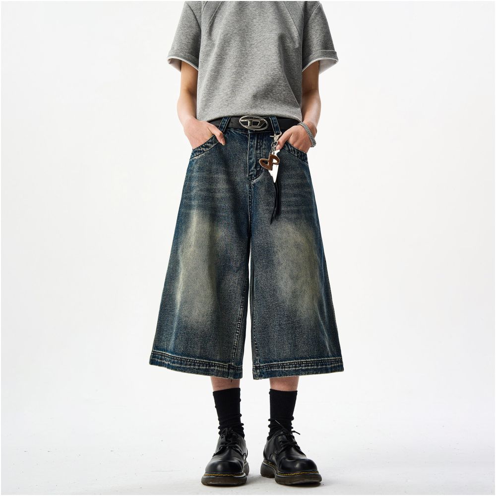 Woostop American Retro Washed Distressed Denim Capri Shorts for Men Clenafit Wide Leg Loose Fit Summer Shorts