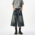 Woostop American Retro Washed Distressed Denim Capri Shorts for Men Clenafit Wide Leg Loose Fit Summer Shorts