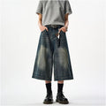 Woostop American Retro Washed Distressed Denim Capri Shorts for Men Clenafit Wide Leg Loose Fit Summer Shorts image 1