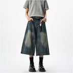 Woostop American Retro Washed Distressed Denim Capri Shorts for Men Clenafit Wide Leg Loose Fit Summer Shorts image 2